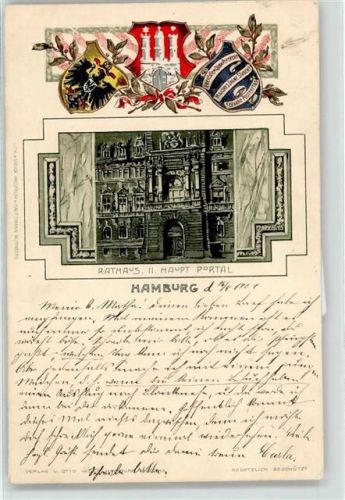 20095 W2000 Hamburg-Altstadt 1901 Prägedruck Rathaus zweites Hauptportal Wappen