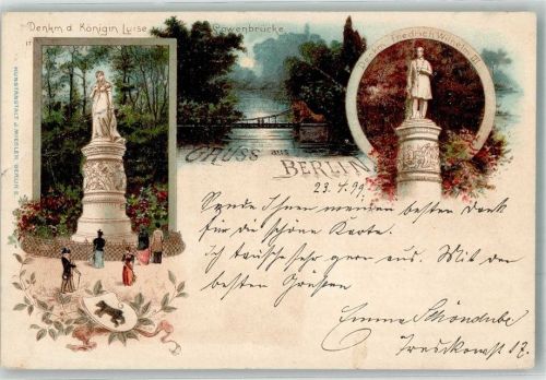 Tiergarten 1899 Denkmal Königin Luise Löwenbrücke Friedrich Wilhelm III Wappen Bär Gruss Lithographie