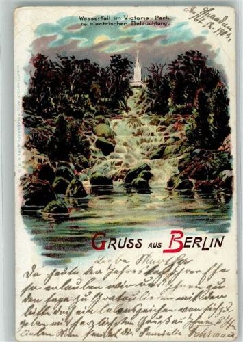 Kreuzberg 1902 Wasserfall Victoria Park elektriche Beleuchtung Gruss Lithographie