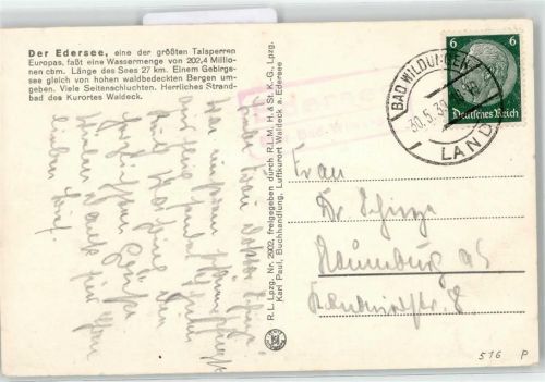 34549 W3593 Edersee - Landpoststempel Schloss Waldeck Fliegeraufnahme