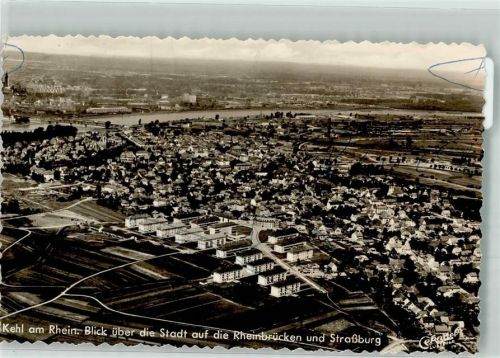 Kehl Fliegeraufnahme Blick über d. Stadt suf d. Rheinbrücke u. Straßburg Striche a.d. Bildseite Foto Original aus Archiv eines Ansichtskartenverlages