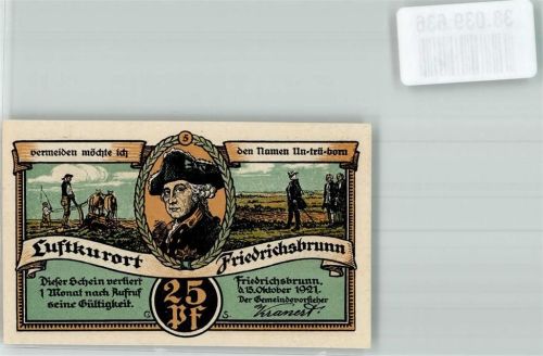 Friedrichsbrunn 1921 25 Pfennig Friedrich der Große Rückseite Müllers Teich Badeteich