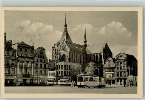 Rostock Ernst-Thälmann-Platz mit Marienkirche Rats-Apotheke Straßenbahn Fotograf Evers VEB Volkskunstverlag