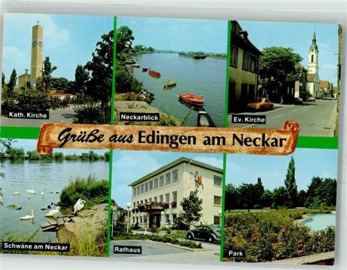 Edingen-Neckarhausen Kath. Kirche Ev. Kirche Neckarufer Schwäne Rathaus Parkanlage