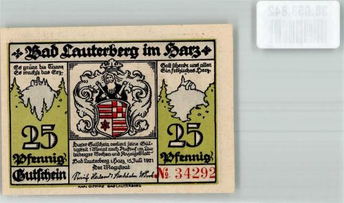 Bad Lauterberg 1921 Gutschein über 25 Pfennig Brunnenquelle