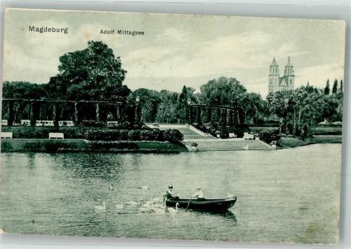 Magdeburg 1914 Adolf-Mittag-See mit Seeterrasse und Dom zu Magdeburg Fotograf Klautzsch