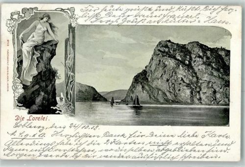 1903 Rhein Fels Segelboot Vogel Frau Weinrebe