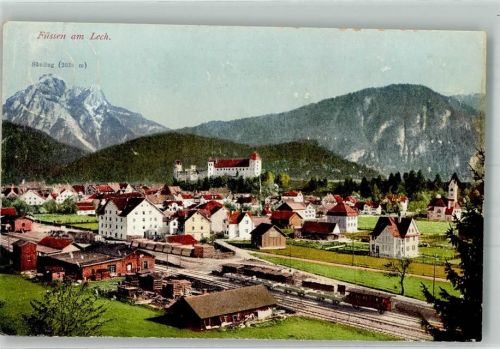 Füssen 1927 Panorama des Ortes mit Hohem schloss und Bahnhof Verlag Purger & Co. Nr. 11382
