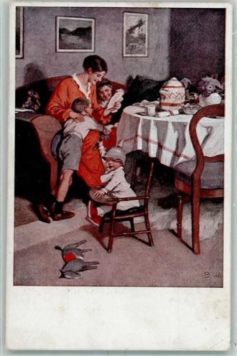 1917 Mutter Kind gedeckter Tisch Pickelhaube Pferd Kinderstuhl sign.E.W. Kriegspostkarten Wennerberg No.9 Gute Nachrichten von der Front