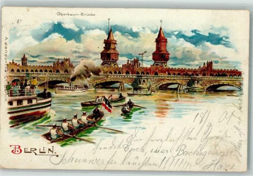 10115 O1020 Friedrichshain 1901 Lithographie Oberbaum Brücke Ruderboot Dampfer Schiff Boot