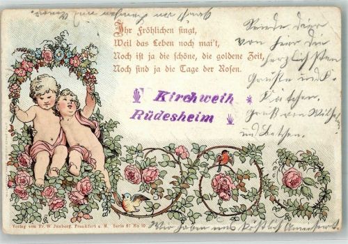 Rüdesheim 1900 Rosen Gedicht Kirchweih Lithographie