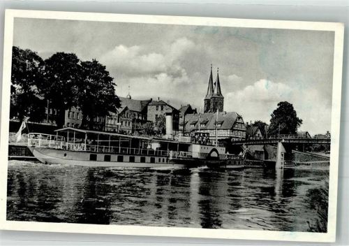 37671 W3470 Höxter Foto AK Kirche St. Kiliani Brückenkopf Motorschiff