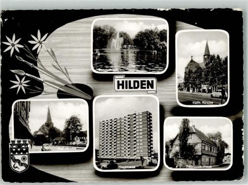 Hilden 1966 Wappen Kath. Kirche Hochhaus Fabricius Haus Ref. Kirche VW Käfer