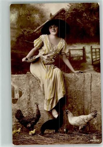 1914 Junge elegante Frau mit Hühnern zu Ostern Nr. 4345/5