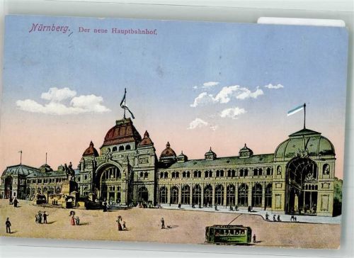 Nürnberg 1914 Hauptbahnhof mit Prinz-Luitpold-Denkmal Straßenbahn Maschinenstempel