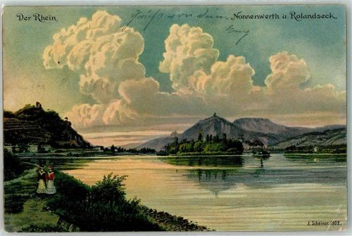 Nonnenwerth 1905 Der Rhein Rolandseck Tracht J. Scheiner Lithographie