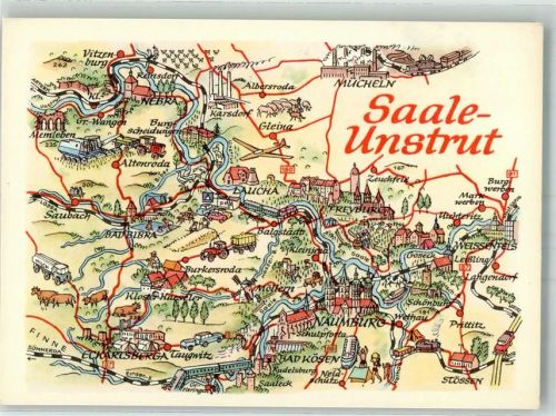 Naumburg sign. Hoppe Stilisierte Landkarte des Saale-Unstrut Kreises mit Sehenswürdigkeiten VEB Bild und Heimat