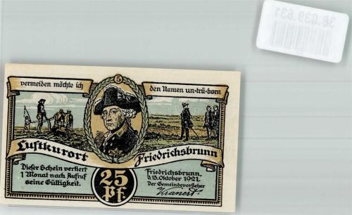 Friedrichsbrunn 1921 25 Pfennig Friedrich der Große Rückseite Müllers Teich Badeteich