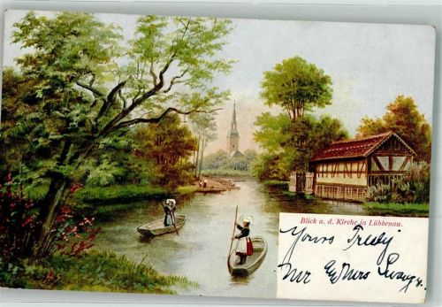 Lübbenau 1907 Kirche in Lübbenau Spreekahn sign. H.S. Gasthausstempel