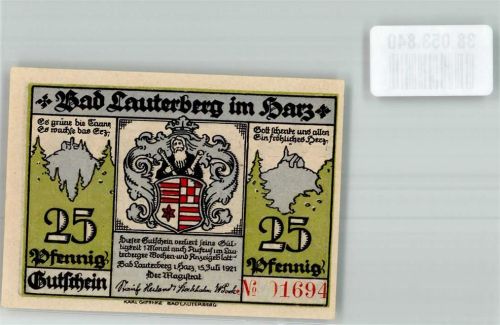 Bad Lauterberg 1921 Gutschein über 25 Pfennig Brunnenquelle