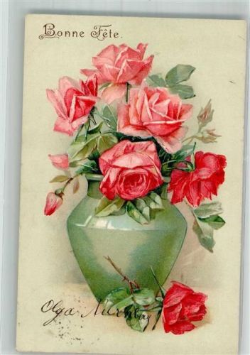 1905 Rote Rosen in einer grünen Vase Bonne Fete