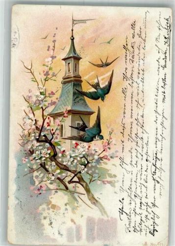 1906 Vögel im Frühling vor einem Kirchturm