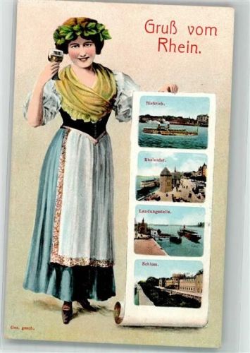 Biebrich Gruß vom Rhein Junge Frau in Tracht mit einem Glas Wein Verlag Zieher, Ottmar 7656