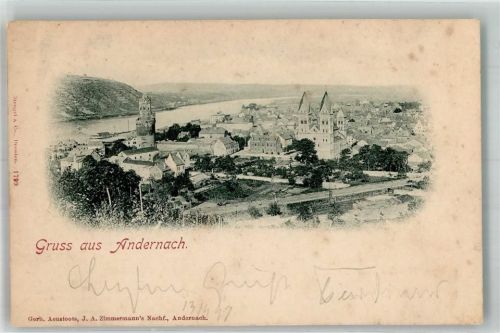 Andernach 1897 Panorama des Ortes mit Wartturm und Pfarrkirche Maria Himmelfahrt Verlag Stengel & Co. 1799