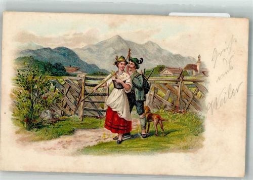 1900 Bauerspaar geht zur Feldarbeit Hund Bäuerliches Leben Poesie / Liebe