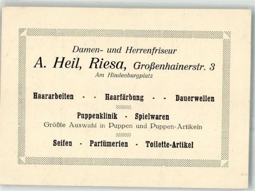Riesa 1934 Damen und Herrenfriseur A. Heil Puppenklinik Spielwaren