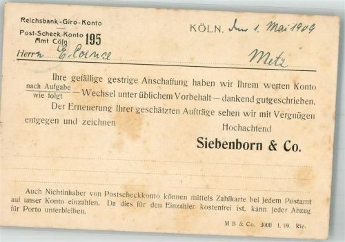 Köln, unsortiert 1909 Geschäftskorrespondenz Firma Siebenborn & Co.