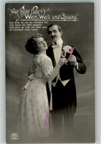 1912 Junge Frau stößt mit einem Mann mit einem Glas Wein an Mode Poesie / Liebe R. & K.L. 4509/4