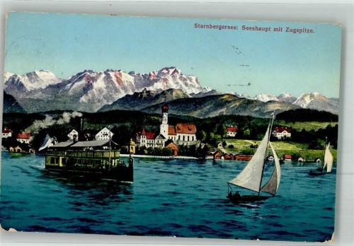 Seeshaupt 1912 Panorama des Ortes mit Pfarrkirche St. Michael und der Zugspitze Raddampfer Verlag Lorenz Fränzl 5893 Maschinenstempel