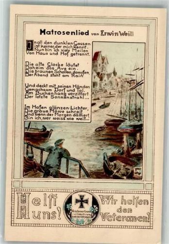 sign. Fischer, Albert Matrosenlied von Erwin Weill Hafen Segelschiff Reichsverband zur Unterstützung deutscher Veteranen