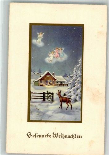 Reh in Winterlandschaft schaut zum Stall mit der heiligen Familie Engel Künstlerkarte HACO 8116