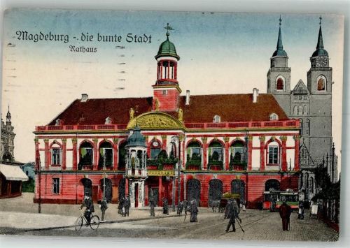 Magdeburg 1923 Historisches Rathaus mit Johanniskirche Straßenbahn