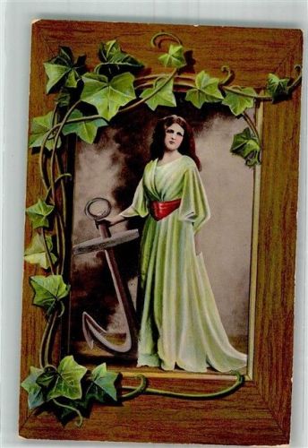 1911 Junge Frau im grünen Kleid mit einem Anker Passepartout Efeu