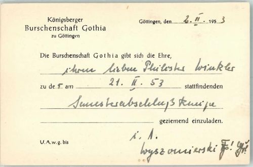 Göttingen 1953 Einladungsschreiben der Königsberger Burschenschaft Gothia