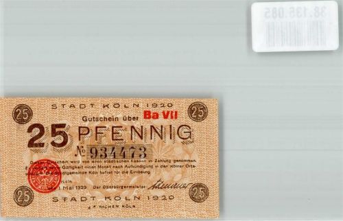 Köln, unsortiert 1920 25. Pfennig Gutschein Ba VII Nr. 934473