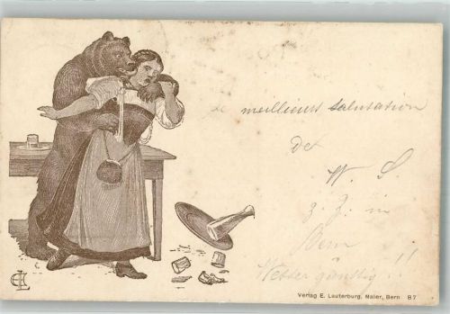 1900 sign. Lauterburg Bär umklammert eine erschrockene junge Frau Künstlerkarte