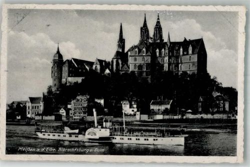 Meißen 1944 Raddampfer Aussig vor der Albrechtsburg und dem Dom zu Meissen Verlag Brück & Sohn No. 25910