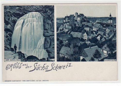 Hohnstein, Lithographie mit Amselfall. ungelaufen um 1900 Gute Erhaltung.