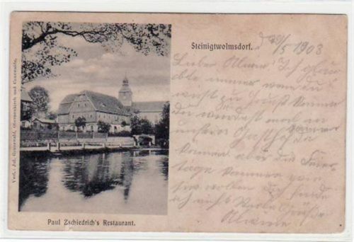 Steinigtwolmsdorf Steinigtwolmsdorf mit Paul Zschiedrichs Restaurant. Feldpost, mit Stempel von 1903 kleiner Riß am Rand unten links, leicht stockfleckig, sonst gut erhalten.