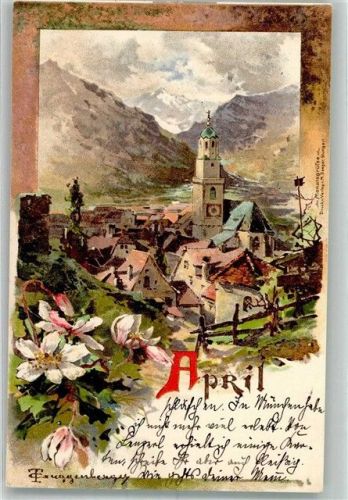 1899 Monat April Kirchdorf in Frühlingslandschaft Adelskorrespondenz
