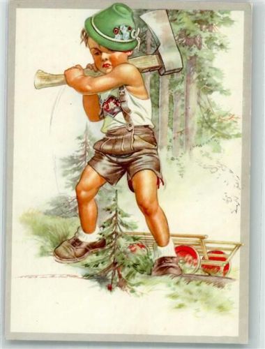 sign. Holzer Kleiner Junge mit Axt beim fällen eines winzigen Tannenbaumes Verlag Christian Pahl Nr. 1003/2