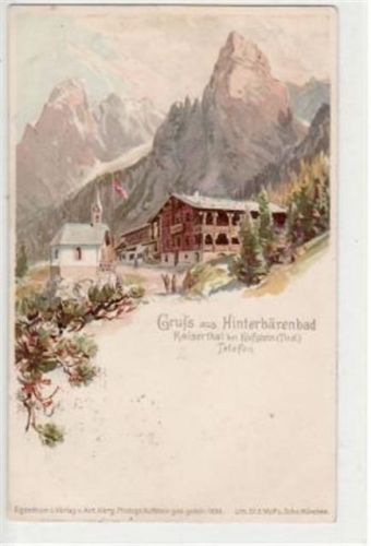 Hinterbärnbad bei Kufstein, Lithographie mit Unterkunftshaus gelaufen von 1902, Marke entfernt. Ecken mit Albumabdrücken, leicht fleckig, sonst gut erhalten