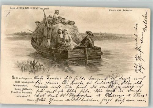 1902 Bauern bringen auf einem Boot die Heuernte nach Hause Strom des Lebens Künstlerkarte