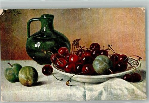 1904 Stilleben mit Karaffe Kirschen und Beeren Künstlerkarte