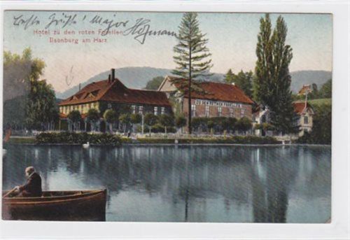 Ilsenburg am Harz. Hotel zu den roten Forellen gelaufen. Marke entfernt. Leicht fleckig, sonst gut erhalten.