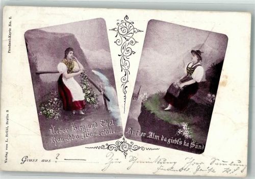 1899 Zwei Frauen am Wasserfall und auf der Alm in Tracht